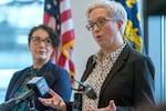 Oregon Gov. Tina Kotek, shown at a press conference in Portland in this Jan. 30, 2024 file photo, has announced she will sign House Bill 4002 and end the drug decriminalization experiment approved by the voters with the passing of Measure 110.