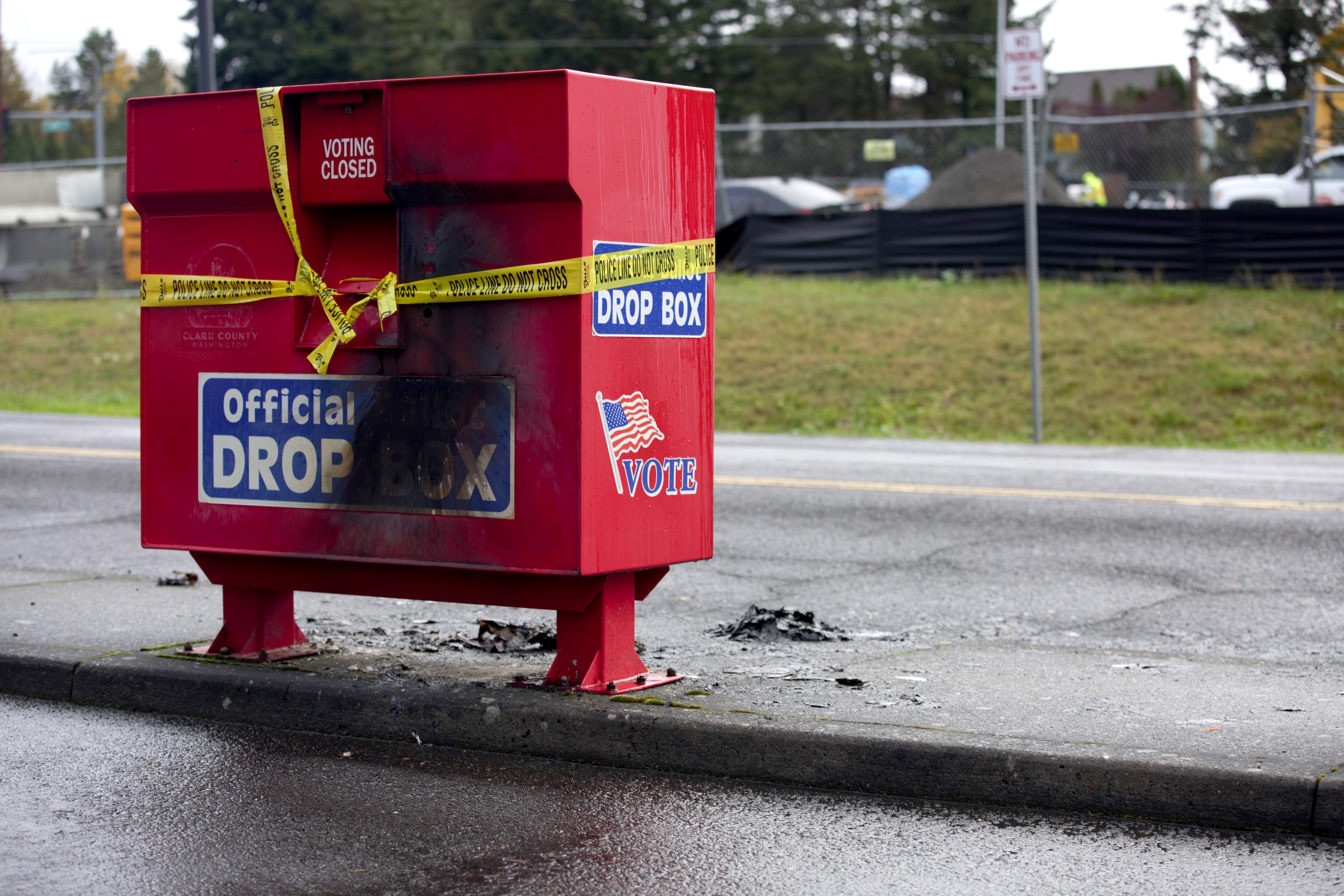 A ballot drop box in at the Fishers Landing Transit Center in Vancouver was set ablaze early Monday morning, Oct. 28, 2024, destroying hundreds of ballots.
