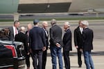 FILE: At Portland International Airport on April 21, 2022, President Joe Biden meets with some of Oregon's congressional delegation. Pictured from left to right with Biden center: Sen. Ron Wyden, Sen. Jeff Merkley, Rep. Earl Blumenauer and Rep. Kurt Schrader.