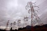 Power lines from Bonneville Dam head in all directions in North Bonneville, Wash.