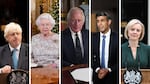 Former U.K Prime Minister Boris Johnson, Queen Elizabeth II, King Charles III, current U.K. Prime Minister Rishi Sunak, and former U.K. Prime Minister Liz Truss.