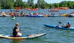 Hundreds of supporters took to the water at Portland’s Willamette Park in June of this year, calling for the removal of the lower Snake River dams in support of salmon.