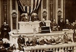 President Woodrow Wilson addresses Congress in Washington, D.C., in 1915 during the State of the Union address.