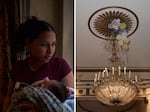 (Left) Yuniaski López, from Venezuela, poses for a portrait in the maternity care unit at the Roosevelt Hotel. (Right) Balloons are stuck on the ceiling at the hotel.