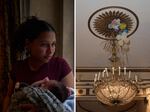 (Left) Yuniaski López, from Venezuela, poses for a portrait in the maternity care unit at the Roosevelt Hotel. (Right) Balloons are stuck on the ceiling at the hotel.