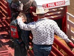 A young bull rider prepares for his turn.