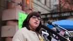 Portland Commissioner Chloe Eudaly speaks to supporters of a renter relocation aid bill on the steps of city hall in 2017.