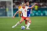 Canada's Janine Beckie passes the ball during the women's Group A soccer match between Canada and France at Geoffroy-Guichard stadium during the 2024 Summer Olympics, Sunday, July 28, 2024, in Saint-Etienne, France. Beckie, who is on the Portland Thorns, tore her ACL in March of 2023.