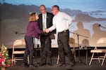 From left, Oregon Gov. Kate Brown, Dr. Bud Pierce and Cliff Thomason greet one another following a gubernatorial debate at Winston Churchill High School in Eugene on Oct. 6, 2016.