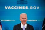 President Joe Biden talks about the newly approved COVID-19 vaccine for children ages 5-11 from the South Court Auditorium on the White House complex in Washington.