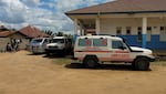 Ambulances are parked outside a hospital in Bunia, Congo, Saturday, May 16, 2026.