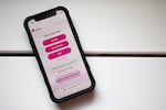 A photo of a smartphone showing the Rasa Legal website, which is a white screen with pink buttons. The screen says "select your state" and gives Arizona, Pennsylvania and Utah as options, along with "other state."