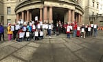 Protesters including the Raging Grannies, as well Oregon Physicians for Social Responsibility, Friends of the Columbia Gorge and high school students from the Portland Youth Climate Council, gathered in front of City Hall on Wednesday, March 13, to oppose the expansion of Zenith Terminals, which could increase the number of oil trains moving through Portland.