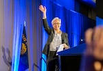 Tina Kotek takes the podium at the Democratic Party of Oregon’s election night event, held Nov. 8, 2022 at the Hyatt Regency Portland.