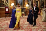 Queen Camilla and first lady Melania Trump attend the state banquet at Windsor Castle on September 17, 2025. Also pictured: Paula Reynolds and Prince William, Prince of Wales.