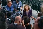 Gov. Kate Brown speaks to reporters following the Reopening Oregon Celebration at Providence Park in Portland, Ore., June 30, 2021 where she announced the end to mandatory mask use and social distancing.