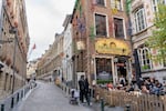 Terrace of a beer bar along rue du chene, a cobbled pedestrian street and estaminet covered with bicycles on the facade in downtown Brussels, Belgium on Oct. 20.