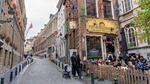 Terrace of a beer bar along rue du chene, a cobbled pedestrian street and estaminet covered with bicycles on the facade in downtown Brussels, Belgium on Oct. 20.