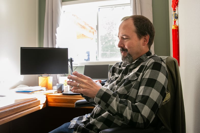 Chaplain Matt Smucker in his office of homeless shelter run by nonprofit Church at the Park on Friday, Sept. 19, 2025 in Monmouth, Ore.