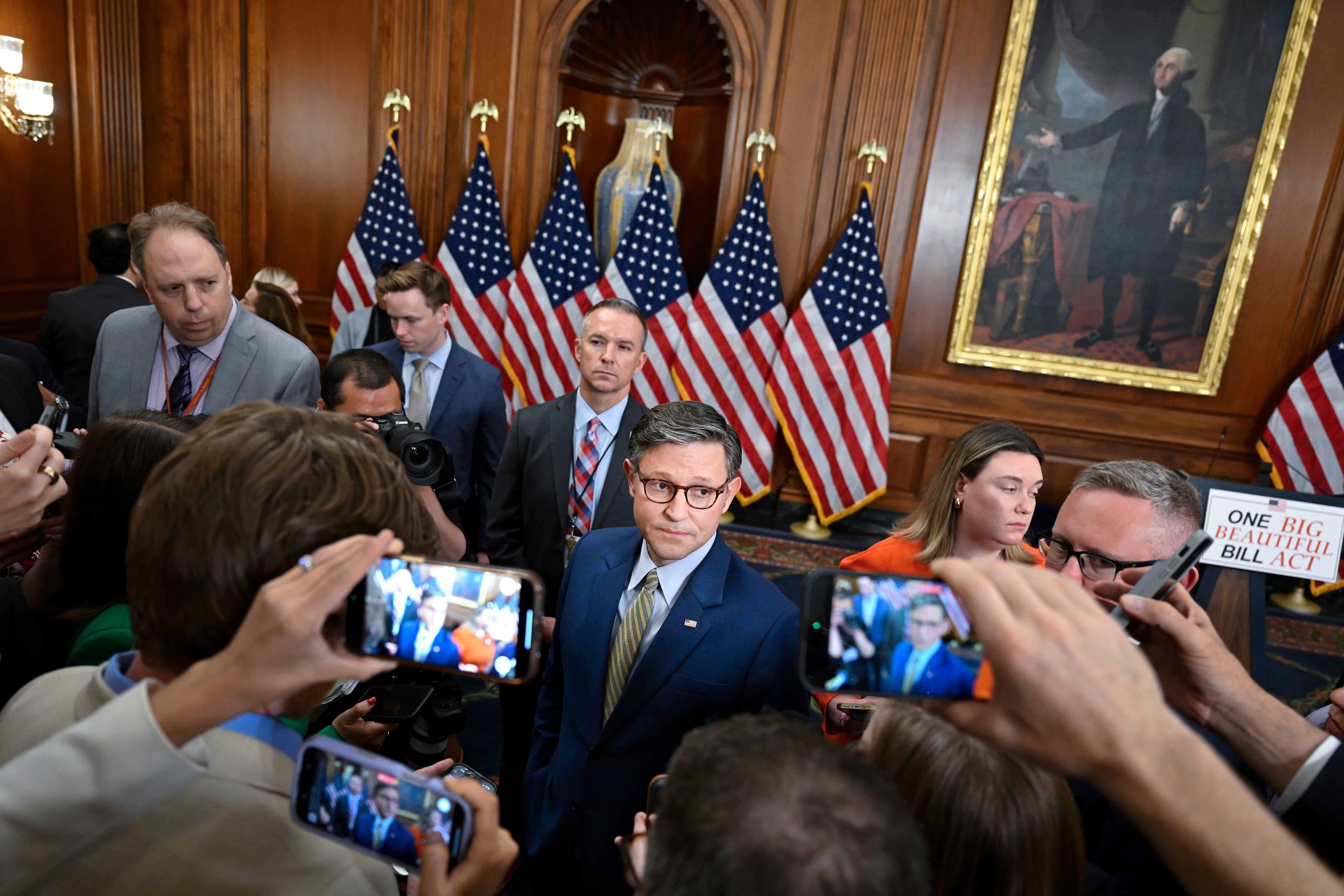 Speaker of the House Mike Johnson, R-La., speaks to the media following a press conference celebrating the passage of the One Big Beautiful Bill Act on May 22 in Washington, D.C.