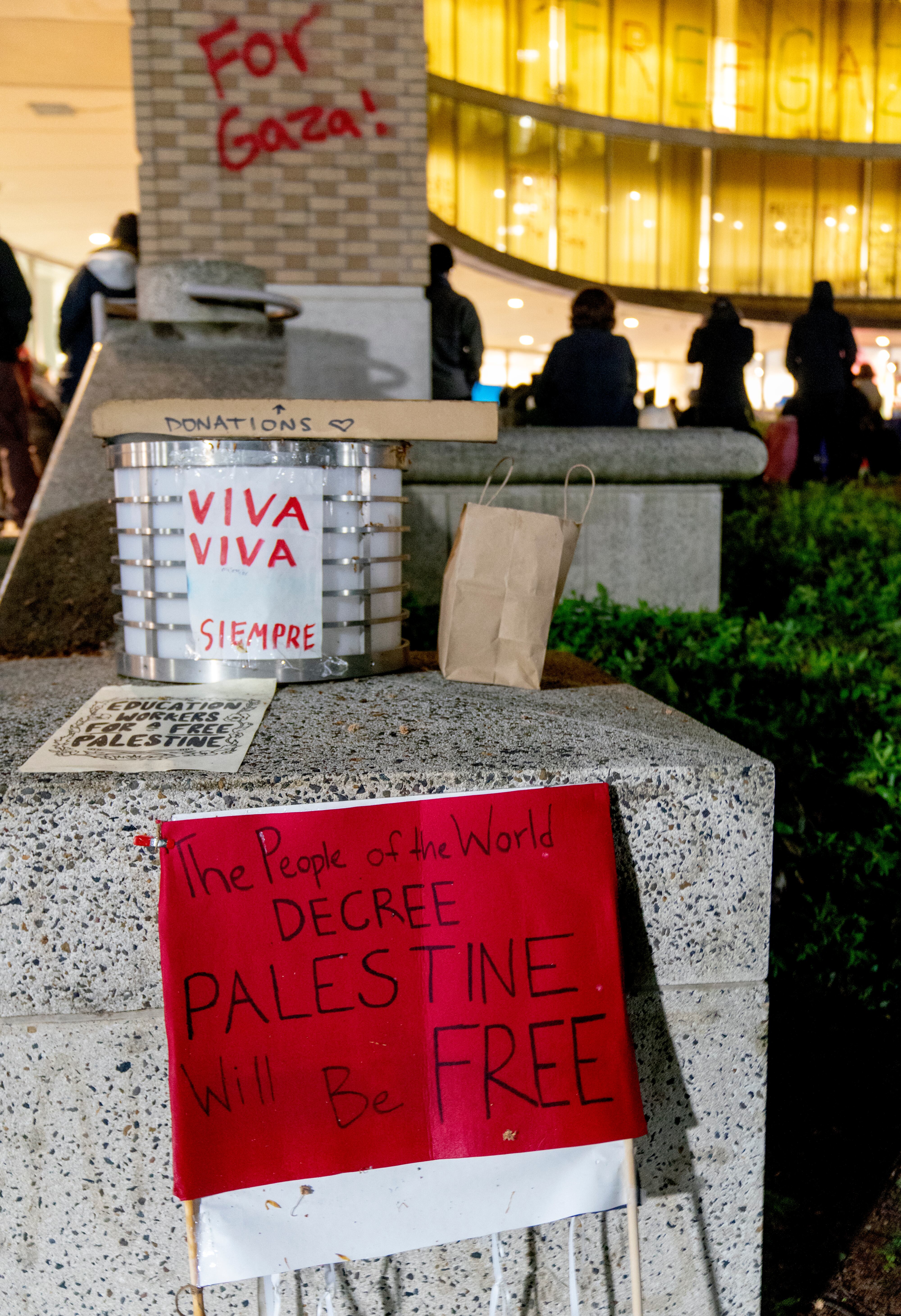 Signage outside the occupied Branford Price Millar Library at Portland State University, April 30, 2024. Demonstrators protesting the war in Gaza have occupied the library since Monday evening.