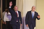 FILE - Former Israeli prime ministers Naftali Bennett, left, and Yair Lapid arrive to a joint press conference announcing that their parties will run together in the upcoming elections, in Herzliya, Israel, Sunday, April 26, 2026. (AP Photo/Ariel Schalit)