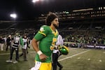 Oregon quarterback Dante Moore (5) runs off of the field after Oregon's win over James Madison in the first round of the NCAA College Football Playoff, Saturday, Dec. 20, 2025, in Eugene, Ore.