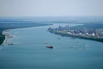 Dredging operations to build an underwater sill in Plaquemines Parish, La., outside New Orleans on Sept. 26, 2023. A saltwater wedge slowly moving upriver from the Gulf of Mexico threatened municipal water supplies.
