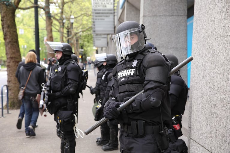 Twenty-five people were arrested in Portland during a May Day protest that police say turned into a riot, May 1, 2017.