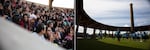 Left: Children sit in the powwow arbor while awaiting the start of Wellness Warrior Camp. Right: Jordan Cocker offers thanks to the Confederated Tribes of Grand Ronde for hosting the camp at their powwow grounds.