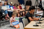 Caleb Kawasaki, a Portland Public Schools student, speaks to the school board about learning in large classes of over 50 students.