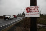 A sign declares opposition to large chicken grow-out facilities planned in Scio, Ore., east of Salem in this Dec. 9, 2022, photo.