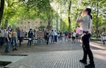 Student groups rally on the Portland State University campus in Portland, May 5, 2025, protesting an event featuring speaker Riley Gaines.