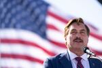Mike Lindell, political activist and CEO of MyPillow, speaks during a rally hosted by former President Donald Trump at the Delaware County Fairgrounds on April 23 in Delaware, Ohio.