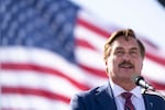 Mike Lindell, political activist and CEO of MyPillow, speaks during a rally hosted by former President Donald Trump at the Delaware County Fairgrounds on April 23 in Delaware, Ohio.