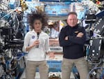 This image made from a NASA live stream shows NASA astronauts Suni Williams and Butch Wilmore during a press conference from the International Space Station on Friday.