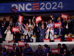 Kerstin Emhoff, Doug Emhoff's first wife, with the rest of the Second Gentleman's family watches his speech on the second day of the Democratic National Convention at the United Center in Chicago, Illinois.