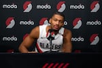 Portland Trail Blazers shooting guard Shaedon Sharpe speaks in a press conference during the Portland Trail Blazers Media Day at the Moda Center in Portland, Ore., on Sept. 28, 2026.
