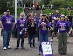 Members and supporters of the University of Oregon's classified employees union rally on UO's Eugene campus, May 15, 2026.