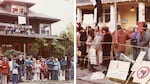 Crowds gather at the home of Janet and Paul Olson (left) in Portland, Oregon, awaiting the arrival of President Jimmy Carter, including demonstrators (right) protesting against nuclear arms buildup in the United States in these photos from May 4, 1978 USA demonstrate.