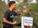 Maxwell Frost, then the National Organizing Director for March For Our Lives, speaks during a March For Our Lives Florida drive-in rally and aid event.