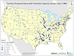 This figure from a 2012 U.S. Department of Energy report shows the locations of the top non-powered dams with potential hydropower capacities greater than 1 megawatt.  National labs in Idaho and Washington have developed a new tool to help prioritize hydropower conversion sites across the country.