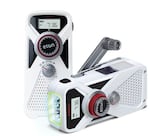 White and black handheld radio with manual crank for power.