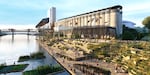 A rendering shows the 1803 Fund’s intended  transformation of the former Louis Dreyfus Co. grain terminals on the Willamette River near the Oregon Convention Center and Moda Center in Portland, Ore. Source images by AD—WO, MALL and Wayside Studio; Rendering by The Light We Make 