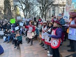 The Portland Raging Grannies lead hundreds of protesters in song during the People's March at Terry Schrunk Plaza on Jan. 18, 2025.