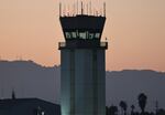 The Hollywood Burbank Airport air traffic control tower at sunset.