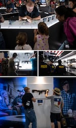 (Top photo) A sales representative talks to two girls during the NRA Annual Meetings & Exhibits. (Middle left photo) A man holds a weapon. (Middle right photo) Police officers walk inside the conference. (Bottom photo) People look at a weapon display.