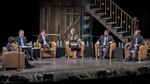 April Baer (left) moderates the CAC Forum on the "Great Expectations" set at Portland Center Stage. Candidates from left: Stuart Emmons, Steve Novick, Amanda Fritz, Jules Bailey and Ted Wheeler. 