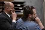 Jeremy Christian, right, listens to testimony during his murder trial at the Multnomah County Courthouse on Wednesday, Feb. 12, 2020. Christian announced Wednesday he would not take the stand in his own defense.