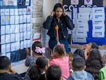 Yoshira Escamilla teaches her kindergarten class at McNary Heights Elementary School in Umatilla, Ore. on October 4, 2022. Escamilla attended the school and graduated from Umatilla before coming back as a teacher in 2021.